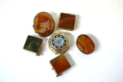 Lot 1358 - A Gilt Metal and Agate Set Vinaigrette; Four Similar Pill Boxes; A Silvered Metal Pill box, the lid