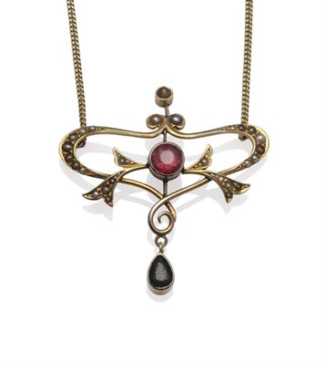 Lot 1000 - An Art Nouveau Tourmaline and Pearl Pendant, one pink and one green stone within a pearl set...