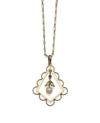 Lot 1001 - An Early 20th Century Ruby and Pearl Pendant on Chain, a diamond shaped pendant frame, with a...