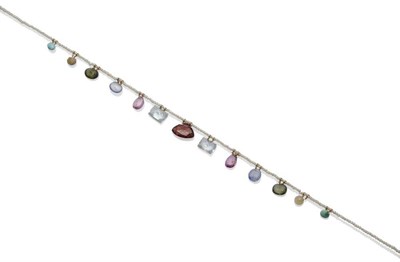 Lot 1005 - A Seed Pearl and Gemstone Necklace, the single strand of seed pearls hung with faceted and polished