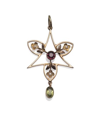 Lot 1006 - An Early 20th Century Pendant in Suffragette Colours, a garnet centres a triangular frame, and...