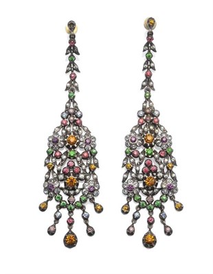 Lot 1007 - A Pair of Drop Earrings, the large drops with floral motifs set throughout with multi-coloured...