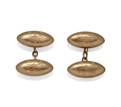 Lot 1025 - A Pair of 15 Carat Gold Cufflinks, the chain linked lozenge shaped forms each engraved with the...