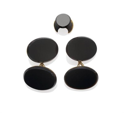 Lot 1030 - A Pair of Onyx Cufflinks and An Onyx Collar Stud, the polished oval onyx with bevelled edges,...