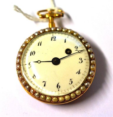 Lot 1033 - A Lady's Enamel and Pearl Set Fob Watch, circa 1900, verge movement, enamel dial with Arabic...