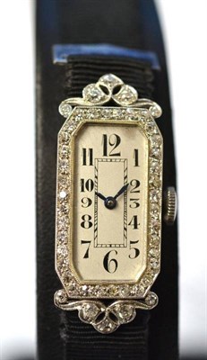 Lot 1034 - A Lady's Art Deco Diamond Set Wristwatch, lever movement, silvered dial with Arabic numerals,...