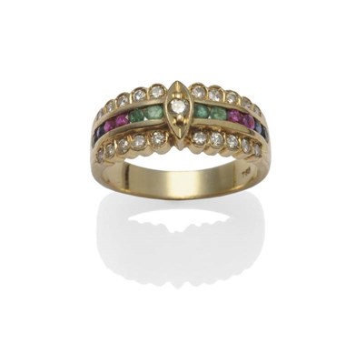 Lot 1039 - An Emerald, Ruby, Sapphire and Diamond Ring, a round brilliant cut diamond in a yellow marquise...