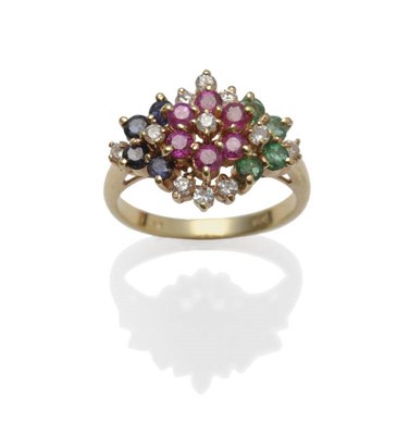 Lot 1049 - A Ruby, Sapphire, Emerald and Diamond Ring, three conjoined clusters of ruby, sapphire and emerald