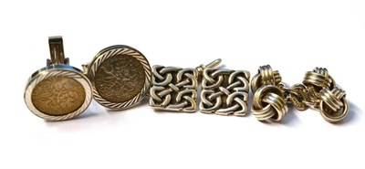 Lot 1051 - Three Pairs of Cufflinks, including a pair of silver knot chain linked cufflinks by Links of...