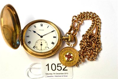 Lot 1052 - A 9ct Gold Full Hunter Keyless Pocket Watch, signed Prima, 1924, lever movement, enamel dial...