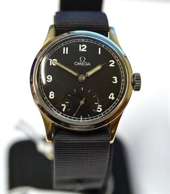 Lot 1054 - A Steel and Chrome Wristwatch, signed Omega, circa 1944, lever movement numbered 9884154, black...