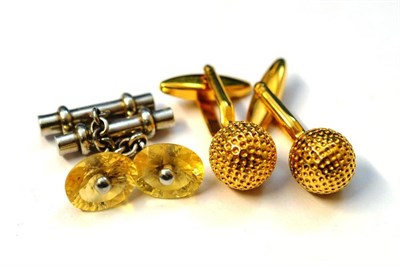 Lot 1055 - Two Pairs of Cufflinks, one pair with a faceted citrine chain linked to a bar, and the other...