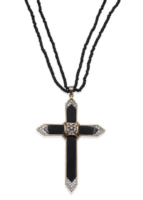 Lot 1071 - A Diamond and Onyx Cross on a Bead Necklace, the cross formed of pointed onyx, with round brilliant