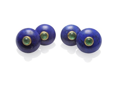 Lot 1090 - A Pair of Emerald and Lapis Lazuli Cufflinks, each bar linked round polished lapis lazuli inset...