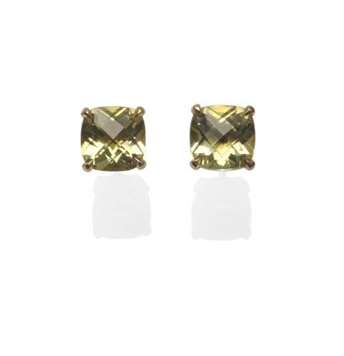 Lot 1092 - A Pair of Stud Earrings, by Tiffany & Co., the cushion shaped faceted light green/yellow quartz...