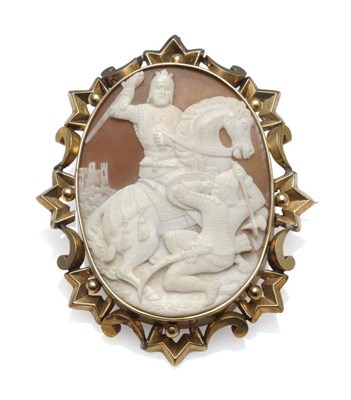 Lot 1095 - A Cameo Brooch, carved with a depiction of a gentleman - possibly King Richard - on horseback, with