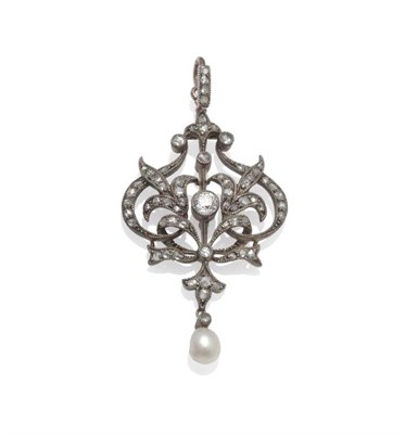 Lot 1129 - A Victorian Diamond and Pearl Pendant, the typical scrolling form inset with old cut and rose...