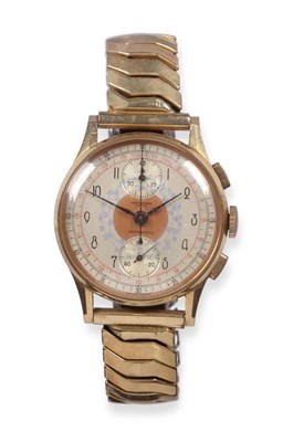 Lot 1163 - An 18ct Gold Chronograph Wristwatch, circa 1950, lever movement, silvered dial with Arabic...