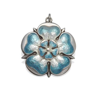 Lot 1170 - An Enamelled Rose Pendant, the five petal form enamelled in turquoise and white, stamped...