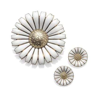 Lot 1171 - A Silver Gilt Enamelled Daisy Brooch/Pendant and A Pair of Matching Earrings, by Georg Jensen,...