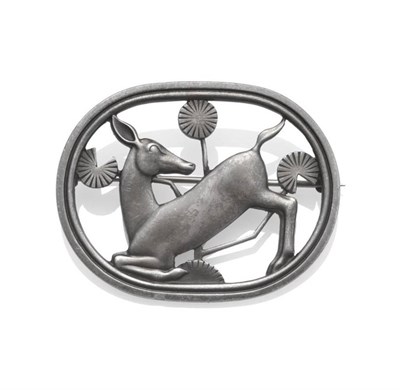 Lot 1174 - A Silver Brooch, by Georg Jensen, of oval form with a kneeling deer centrally, model number...