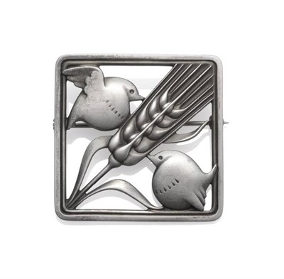 Lot 1175 - A Silver Brooch, by Georg Jensen, of square form with two birds around a wheat sheaf, model...