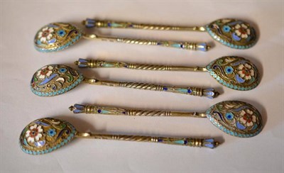 Lot 1005 - A Set of Six Russian Enamel Coffee Spoons, second Kokoshnik silver marks for Moscow, each decorated