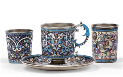 Lot 1007 - A Group of Russian Enamelled Ware, each with typical blue, pink, red and cream coloured...