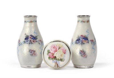 Lot 1069 - A Pair of George V Silver and Enamel Vases, import marks for Birmingham 1920, gentle baluster...