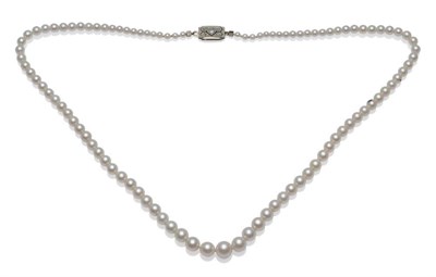 Lot 1091 - A Cultured Pearl Necklace, the single strand of graduated pearls strung to a geometric catch, inset