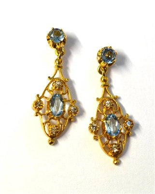 Lot 1104 - A Pair of 9 Carat Gold Aquamarine and Diamond Drop Earrings, the ornate drops inset with a...