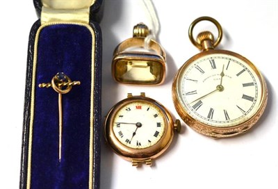 Lot 1106 - A Small Quantity of Jewellery, including a cased stick pin set with a sapphire, a citrine fob seal