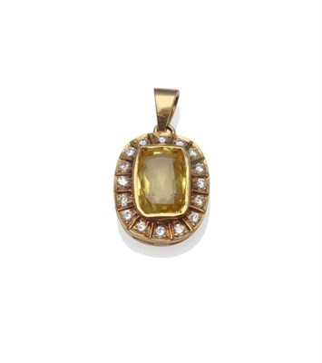 Lot 1110 - A Yellow Synthetic Sapphire and Diamond Cluster Pendant, the cushion shaped mixed cut sapphire in a