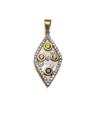 Lot 1113 - A 9 Carat Gold Sapphire and Diamond Pendant, the multi-coloured sapphires in yellow collet...