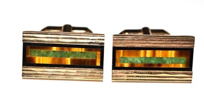 Lot 1121 - A Pair of 9 Carat Gold Cufflinks, of oblong form, with malachite, tiger's-eye and onyx inlaid, with