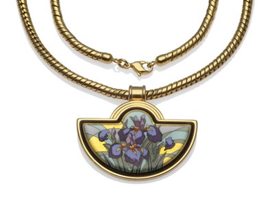 Lot 1124 - An Enamelled Pendant, by Frey Wille, the semi-circle pendant depicting iris flowers, stamped...