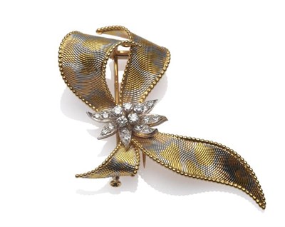 Lot 1143 - A Diamond Bow Brooch, the undulating bow of yellow, rose and white textured form, with a...