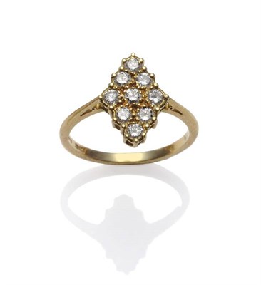 Lot 1149 - An 18 Carat Gold Navette Diamond Cluster Ring, the nine round brilliant cut diamonds in yellow claw