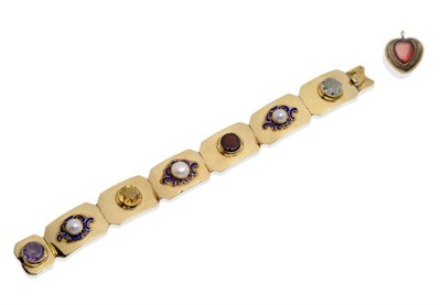 Lot 1156 - A Stone Set Bracelet, circa 1880, comprising octagonal panels each inset with a gemstone; amethyst