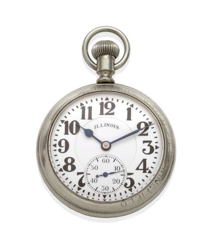 Lot 1157 - A Plated Open Faced Keyless Pocket Watch, signed Illinois Watch Co, Springfield, Sixty Hour Elinvar