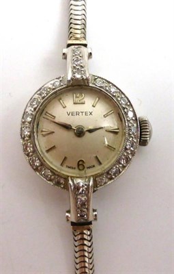 Lot 1165 - A Lady's 18ct White Gold Diamond Set Wristwatch, signed Vertex, 1959, lever movement, silvered dial