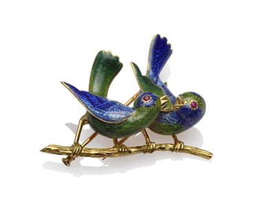 Lot 1167 - A French Gold Lovebirds Brooch, by Boucheron, the two birds enamelled in blue and green, with...