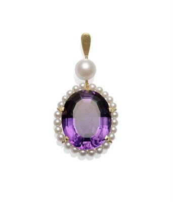 Lot 1191 - An Amethyst and Cultured Pearl Pendant, the oval mixed cut amethyst in a yellow claw setting...