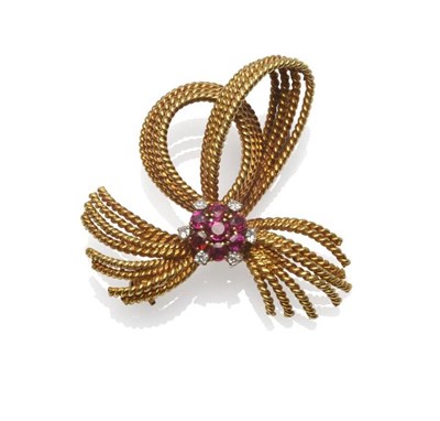 Lot 1196 - An 18 Carat Gold Bow Brooch, a cluster of round mixed cut rubies, and eight-cut diamonds in...