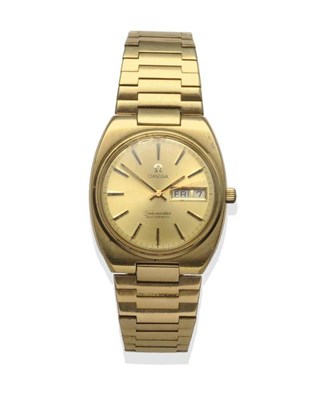 Lot 1201 - A Gold Plated Automatic Calendar Centre Seconds Wristwatch, signed Omega, model: Seamaster,...