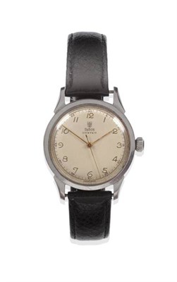 Lot 1232 - A Stainless Steel Centre Seconds Wristwatch, signed Tudor, Oyster, circa 1950, lever movement,...