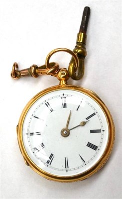 Lot 1233 - An 18ct Gold Fob Watch, 1893, lever movement, enamel dial with Roman numerals, floral and...