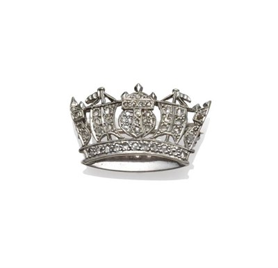 Lot 1245 - A 9 Carat White Gold Diamond Set Naval Crown Brooch, inset with rose cut diamonds, in white...