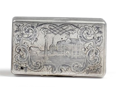 Lot 1005 - A Russian Silver Snuff Box, 84 Zolotnik mark, rounded rectangular with allover niello...