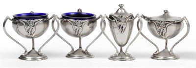 Lot 1024 - An Art Nouveau Silver Four Piece Cruet Set, Walker & Hall, Sheffield 1905 & 1907, each with...